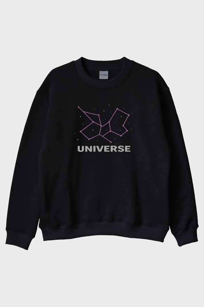 Kozmik Yıldız Desenli Siyah Bisiklet Yaka Sweatshirt ön görsel