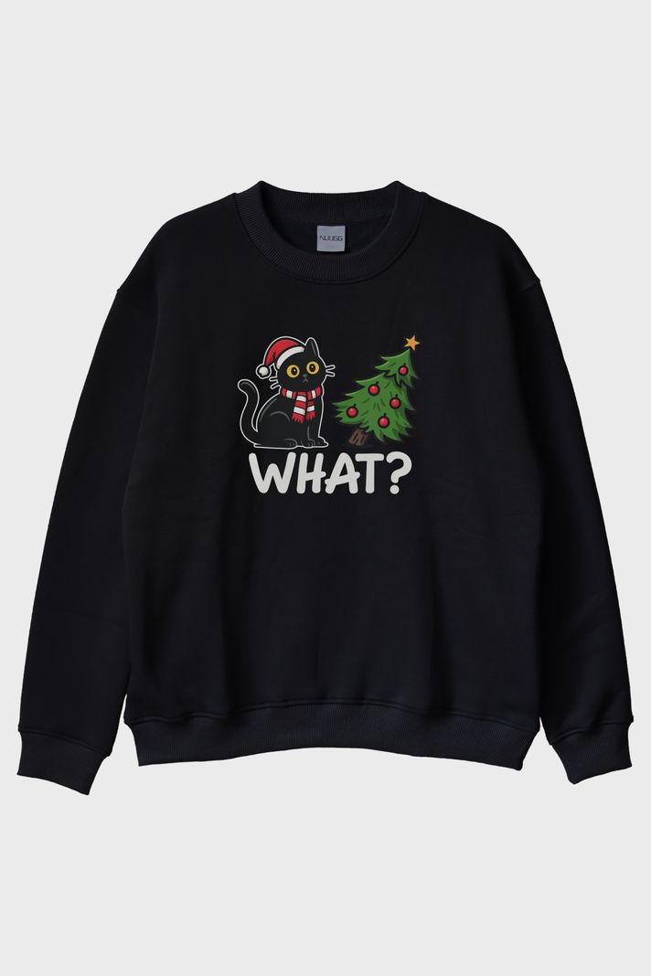 Noel Kedisi Siyah Bisiklet Yaka Sweatshirt ön görsel