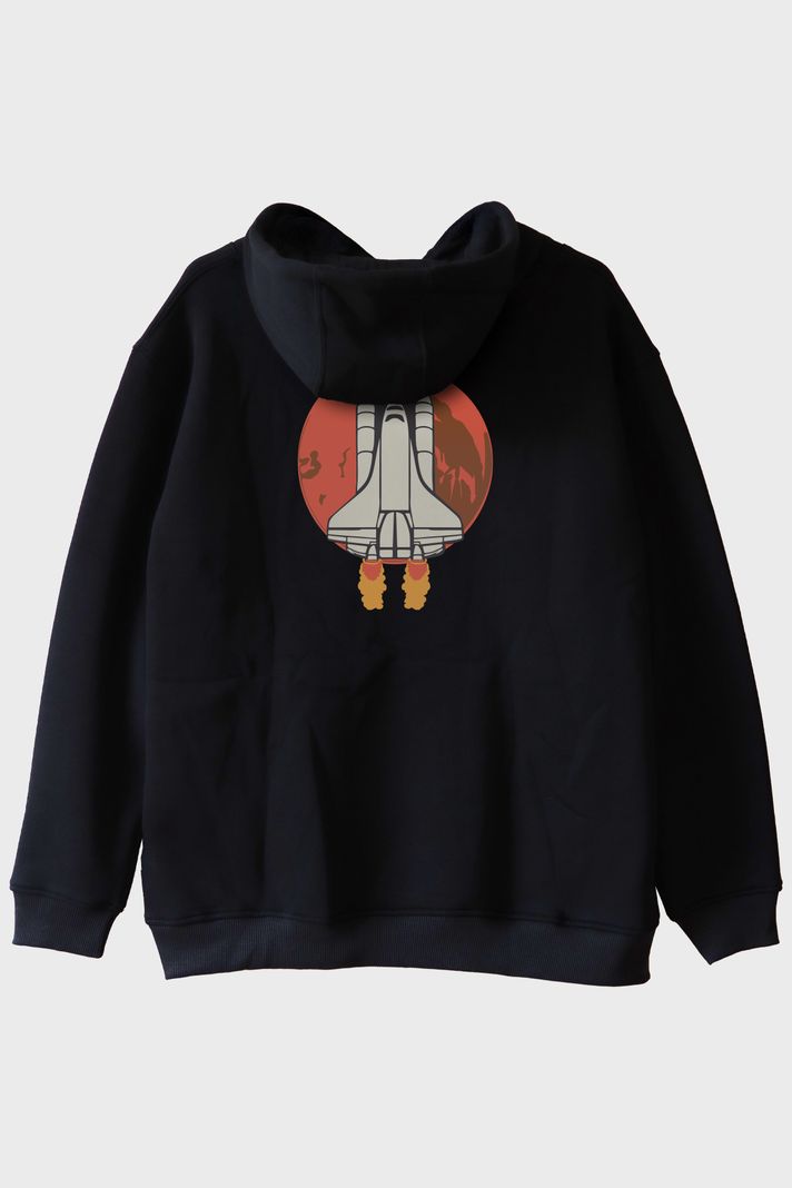HEDEF MARS! Baskılı Uzay Temalı Siyah Hoodie arka görsel