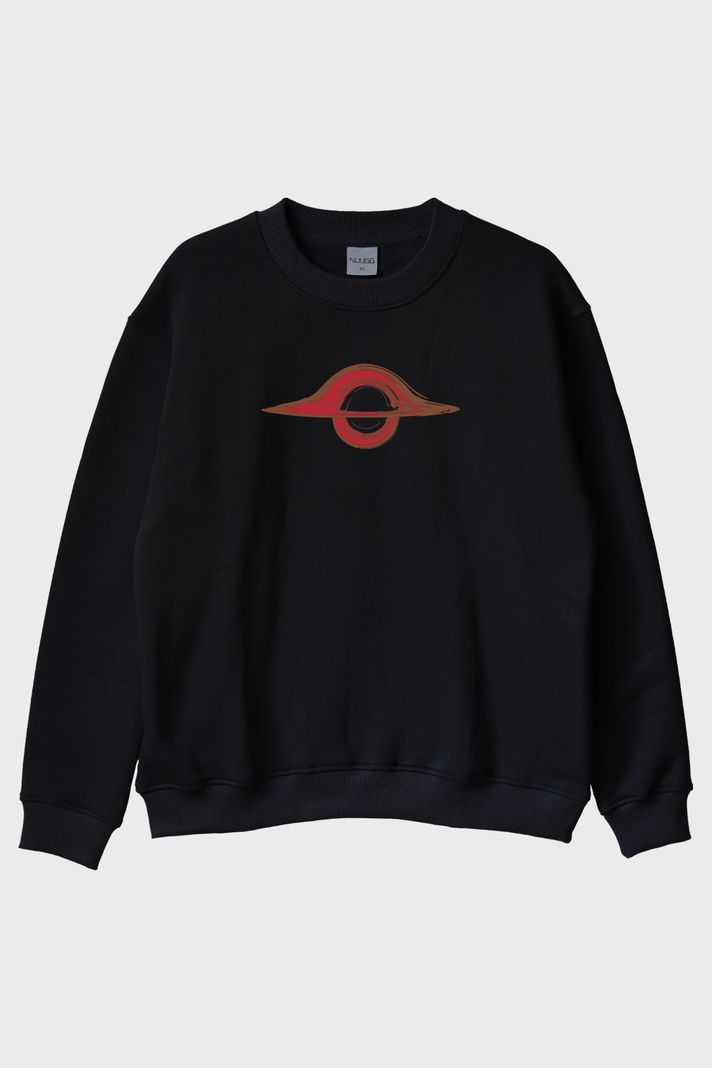 Karadelik Baskılı Uzay Temalı Siyah Bisiklet Yaka Sweatshirt ön görsel