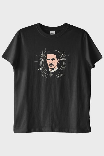 Nikola Tesla İllüstrasyon Baskılı Tasarım Siyah Tişört