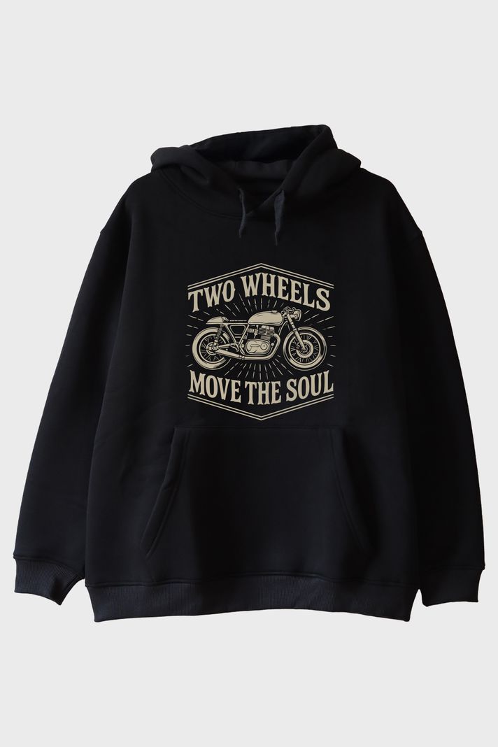 Two Wheels Move the Soul Motosiklet Tasarımlı Siyah Hoodie ön görsel