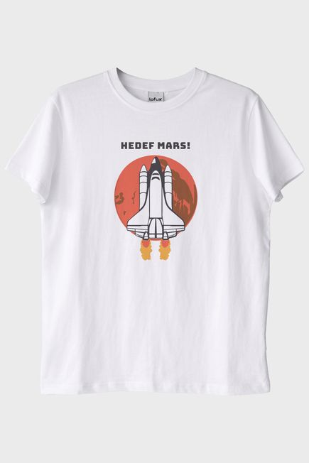 HEDEF MARS! Baskılı Uzay Temalı Beyaz Tişört