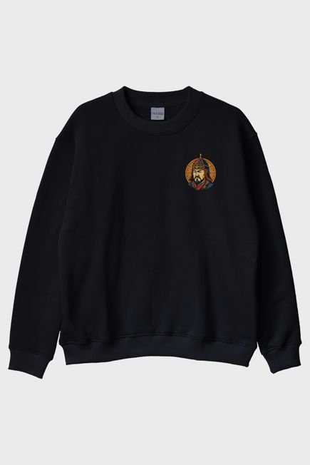 Cengiz Han Portreli Siyah Bisiklet Yaka Sweatshirt