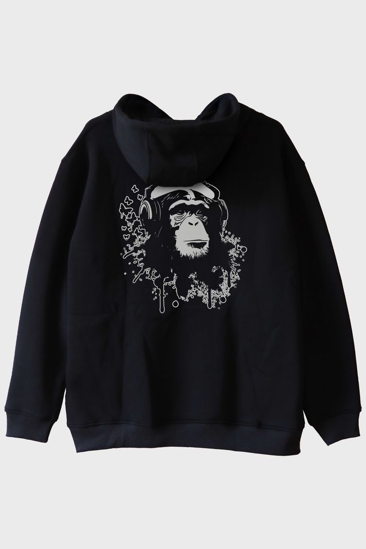 Kulaklık Takmış Goril Siyah Hoodie arka görsel