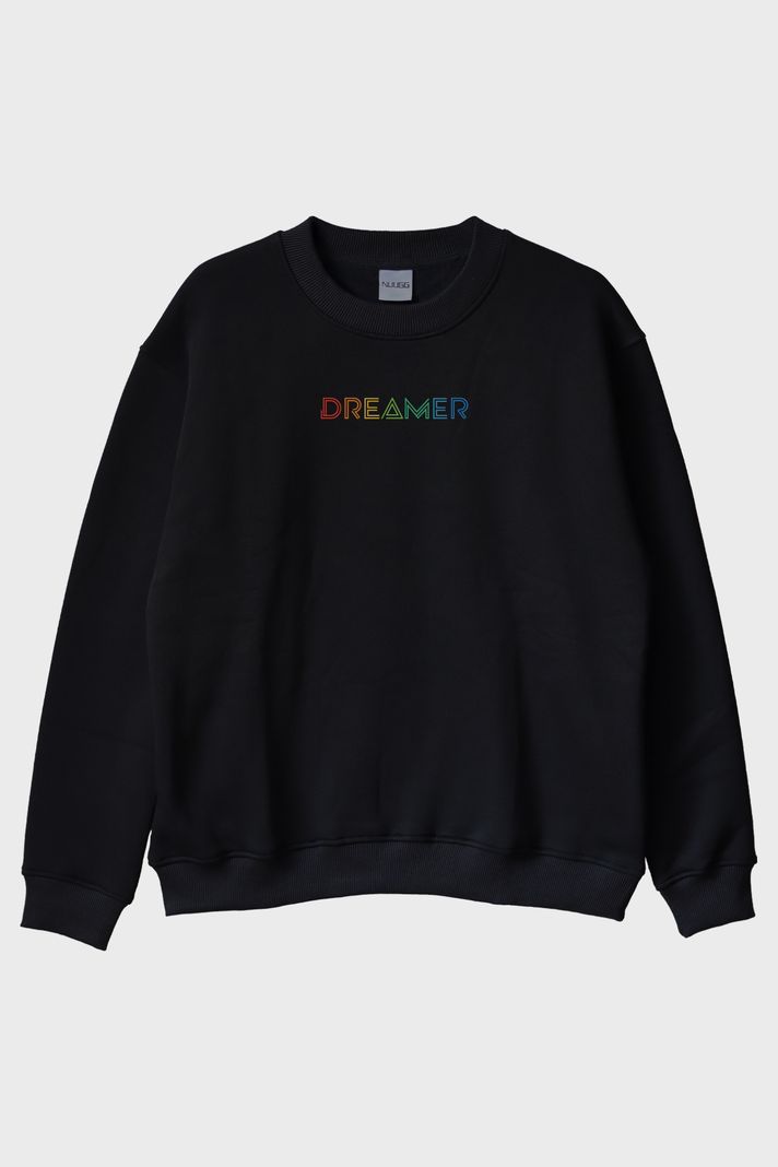 Dreamer Renkli Yazılı Siyah Bisiklet Yaka Sweatshirt ön görsel