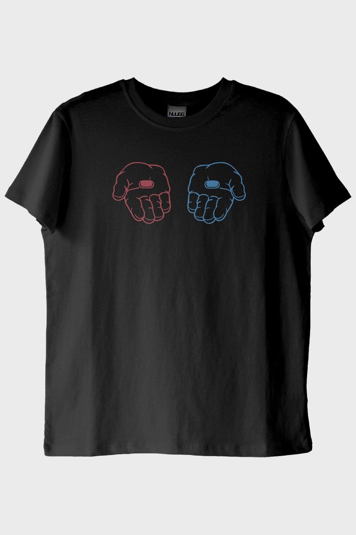 Red or Blue Pill Sci-Fi Baskılı Siyah Tişört ön görsel