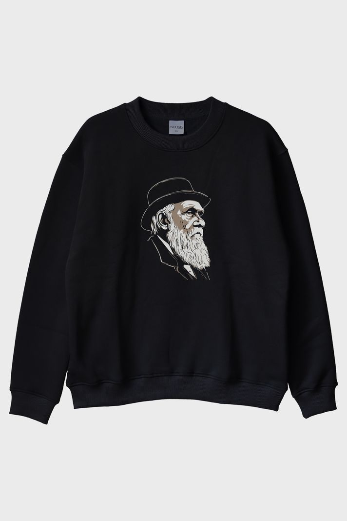 Darvin Portre Baskılı Tasarım Siyah Bisiklet Yaka Sweatshirt ön görsel