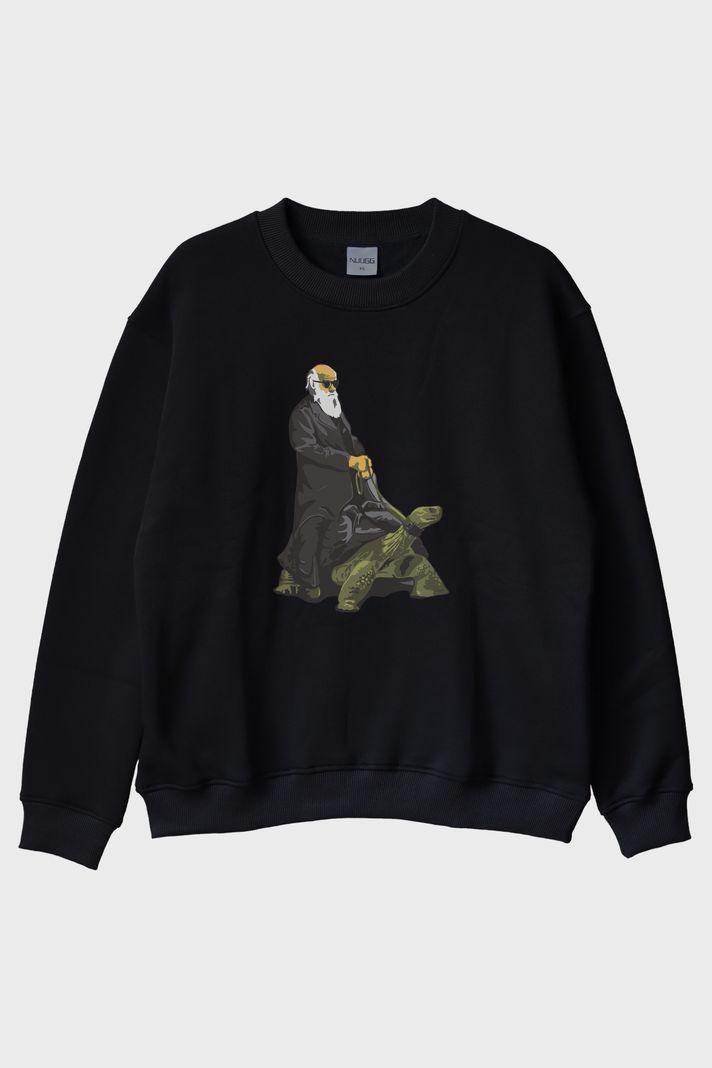 Kaplumbağa Darvin Baskılı Bilimsel Siyah Bisiklet Yaka Sweatshirt ön görsel