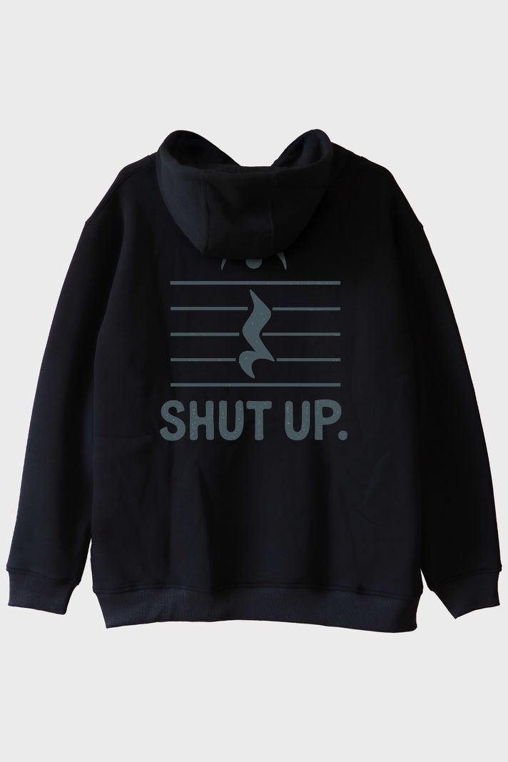 Minimalist 'Shut Up' Müzik Temalı Esprili Siyah Hoodie arka görsel