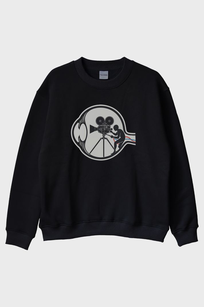 Eski Film Kamerası Baskılı Tasarım Siyah Bisiklet Yaka Sweatshirt ön görsel