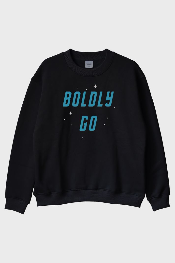 Boldly Go Baskılı Uzay Temalı Siyah Bisiklet Yaka Sweatshirt ön görsel