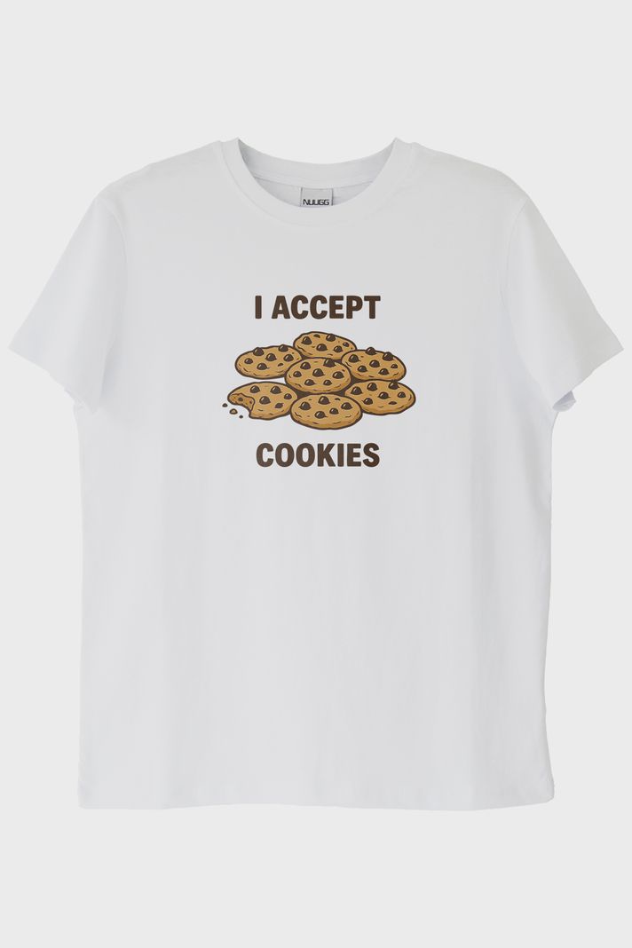 I Accept Cookies Baskılı Mizahi Beyaz Tişört ön görsel