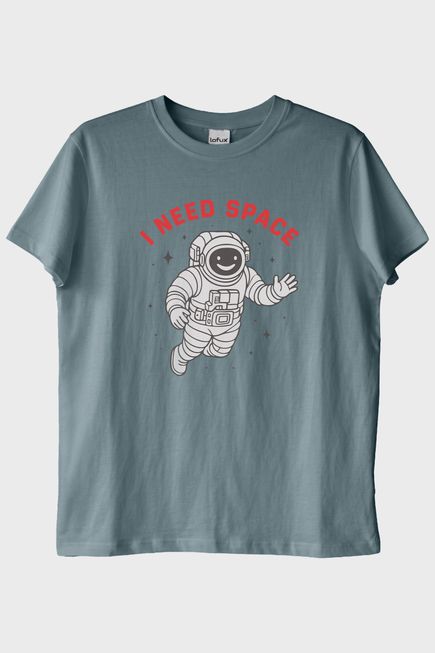 I NEED SPACE Astronot Tasarımlı Baskılı Mavi Tişört
