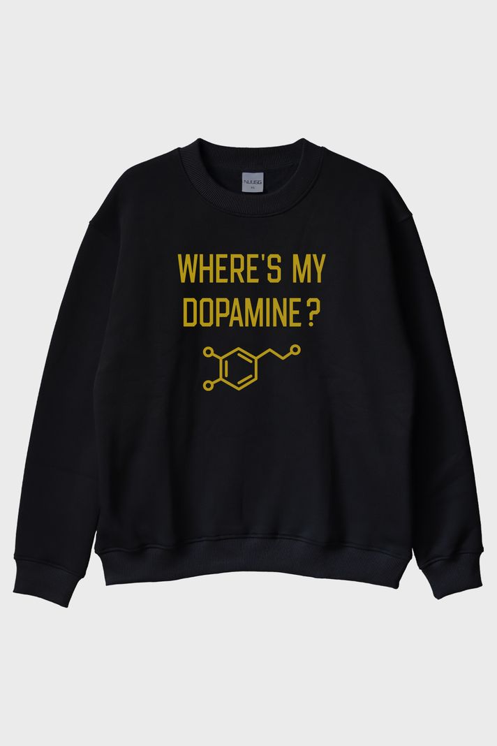 Where's My Dopamine Baskılı Bilim Temalı Siyah Bisiklet Yaka Sweatshirt ön görsel