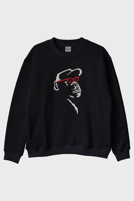 Gözlüklü Primat Minimal Tasarım Baskılı Siyah Bisiklet Yaka Sweatshirt