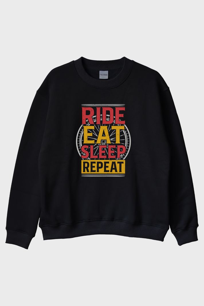 Ride Eat Sleep Repeat Baskılı Siyah Bisiklet Yaka Sweatshirt ön görsel
