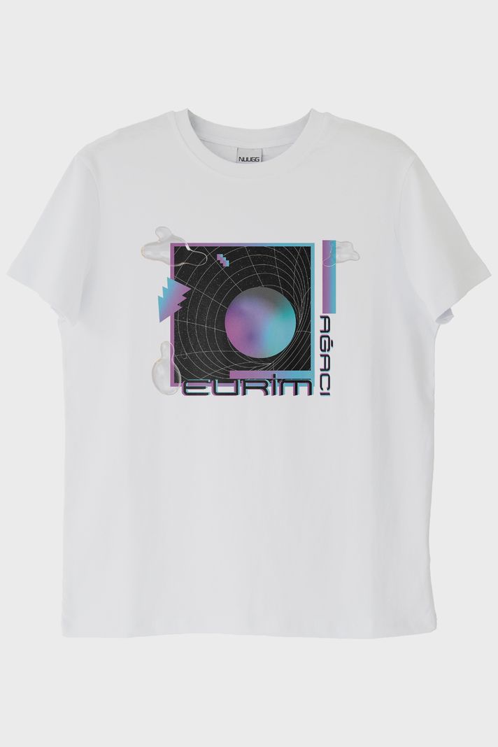 Evrim Ağacı Retro Geometrik Desenli Baskılı Beyaz Tişört ön görsel