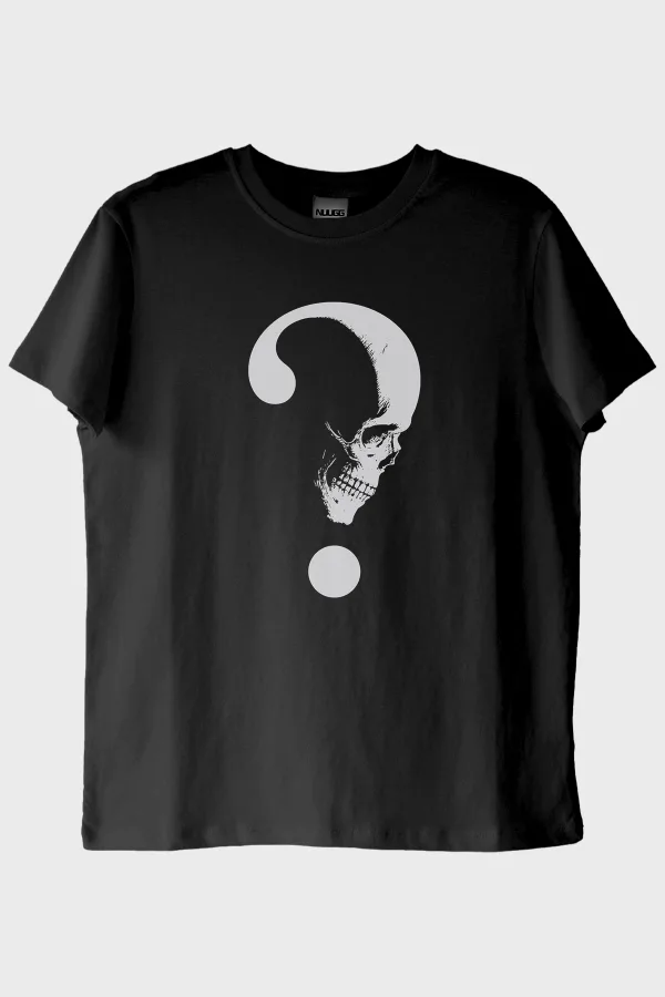 Gothic Soru İşareti Kafatası Baskılı Siyah Tişört