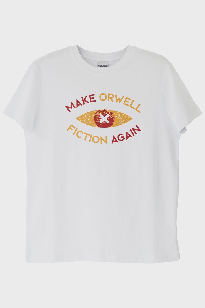 Distopya İlhamlı 'Make Orwell Fiction Again' Minimalist Beyaz Tişört ön görsel