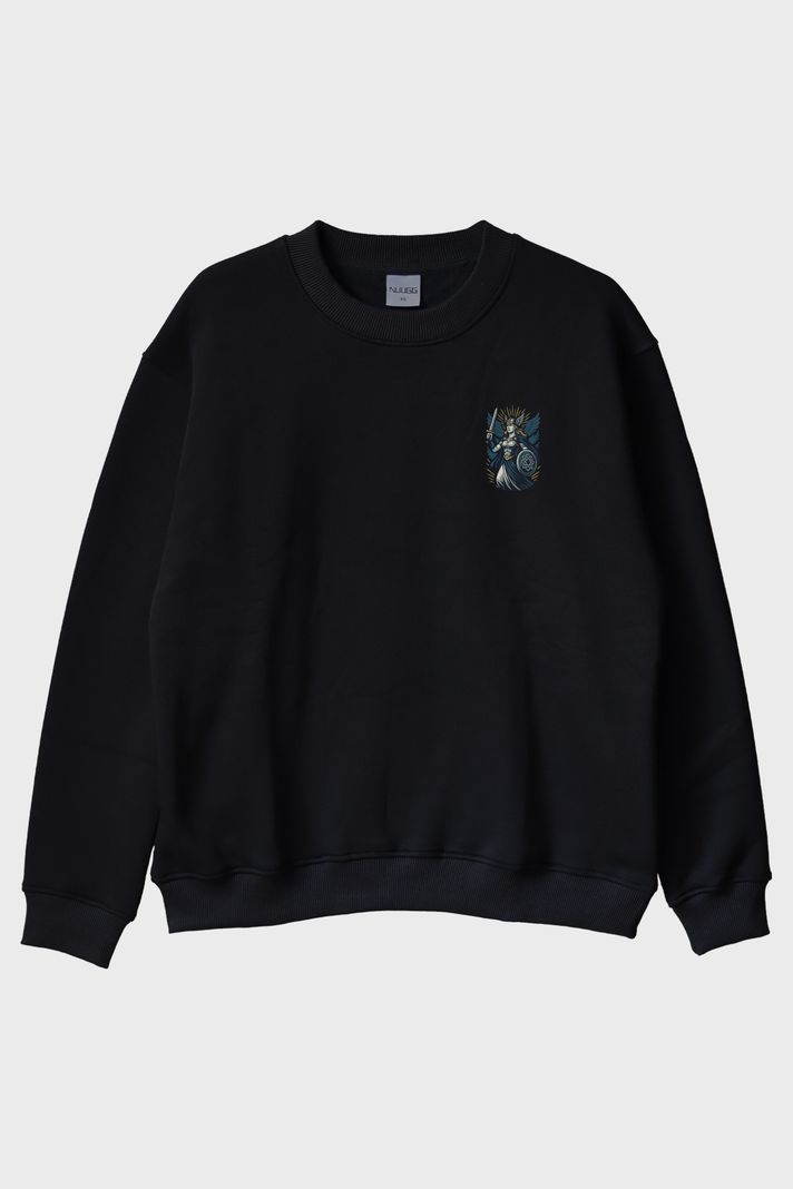Valkyrie Figürlü Siyah Bisiklet Yaka Sweatshirt ön görsel