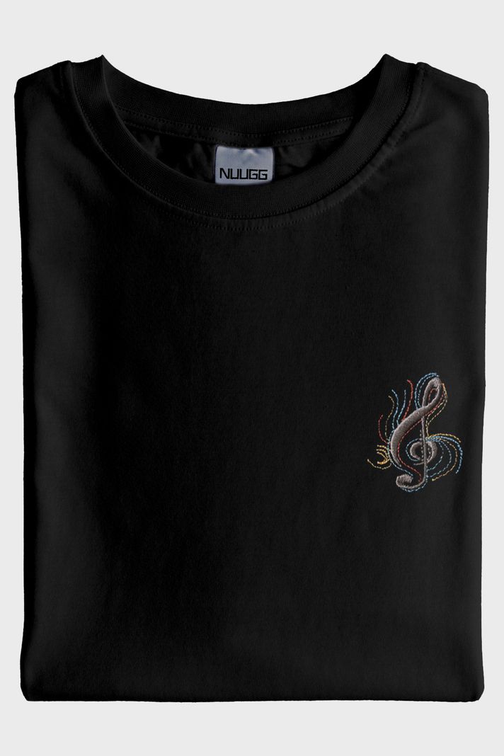 Siyah Sol Anahtarı Renkli Nakış Müzik Siyah T-Shirt - 4. görsel