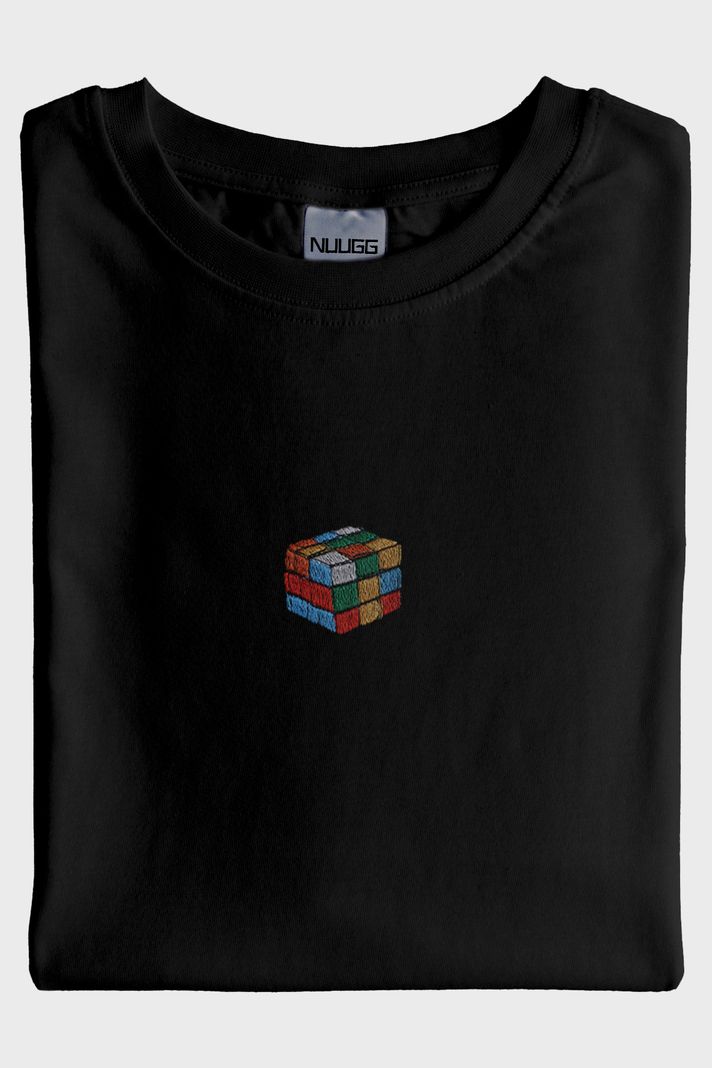 Rubik Küp Desenli Nakış Siyah T-Shirt - 4. görsel