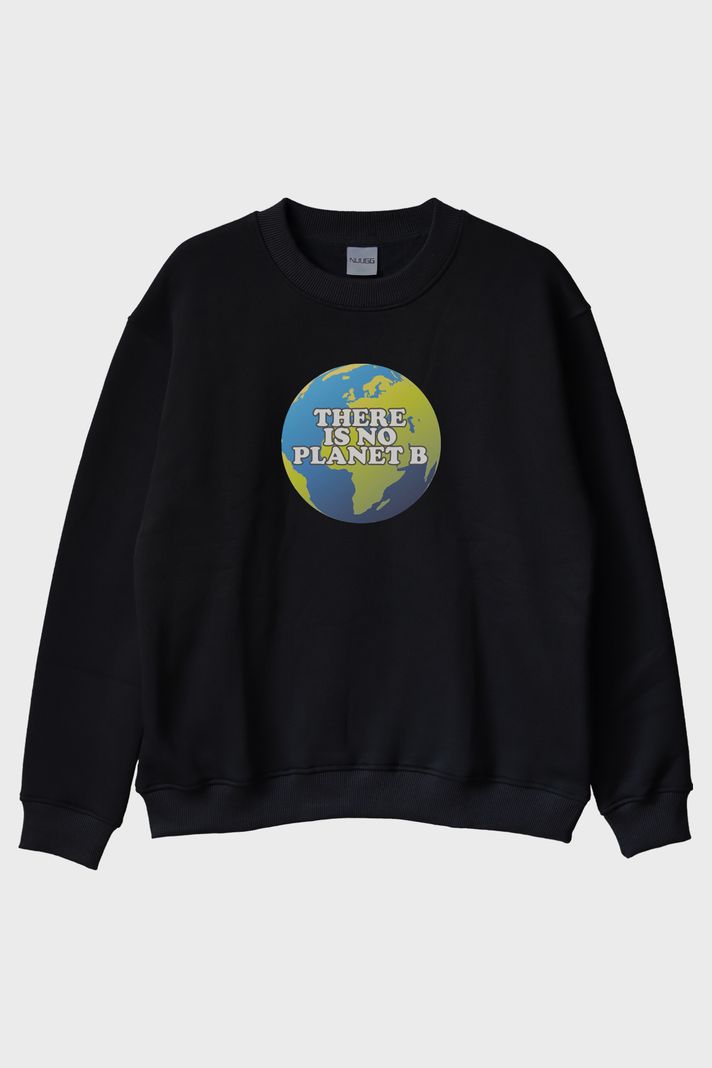 There Is No Planet B Dünya Resimli Baskılı Siyah Bisiklet Yaka Sweatshirt ön görsel