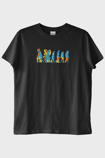 Evrim Zinciri Baskılı Canlı Tasarım Siyah Tişört
