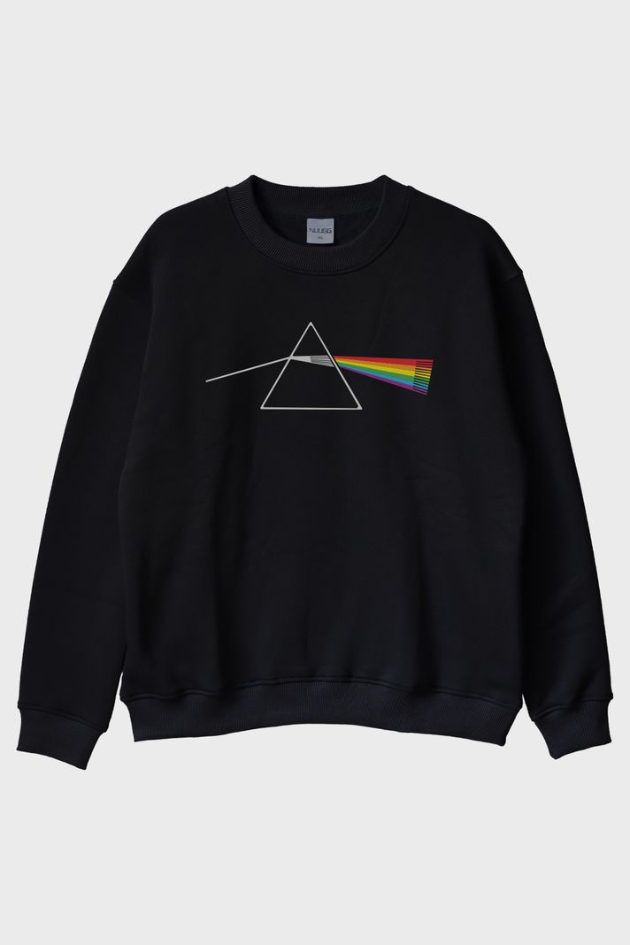 Light Prism Graphic Baskılı Gökkuşağı Yansımalı Siyah Bisiklet Yaka Sweatshirt ön görsel