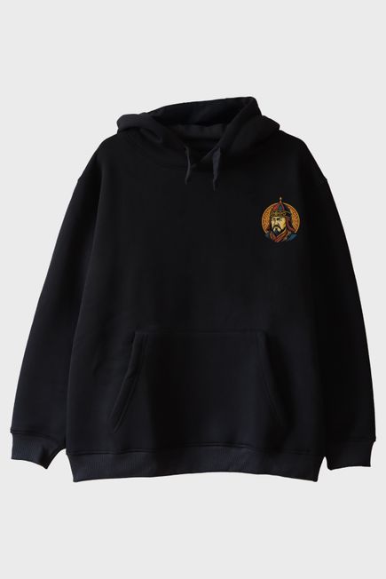 Cengiz Han Portreli Siyah Hoodie