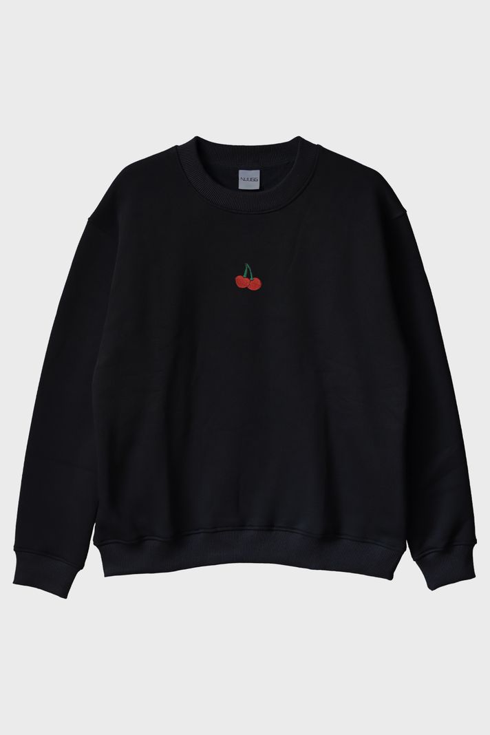 Kiraz Desenli Siyah Nakış Bisiklet Yaka Sweatshirt ön görsel