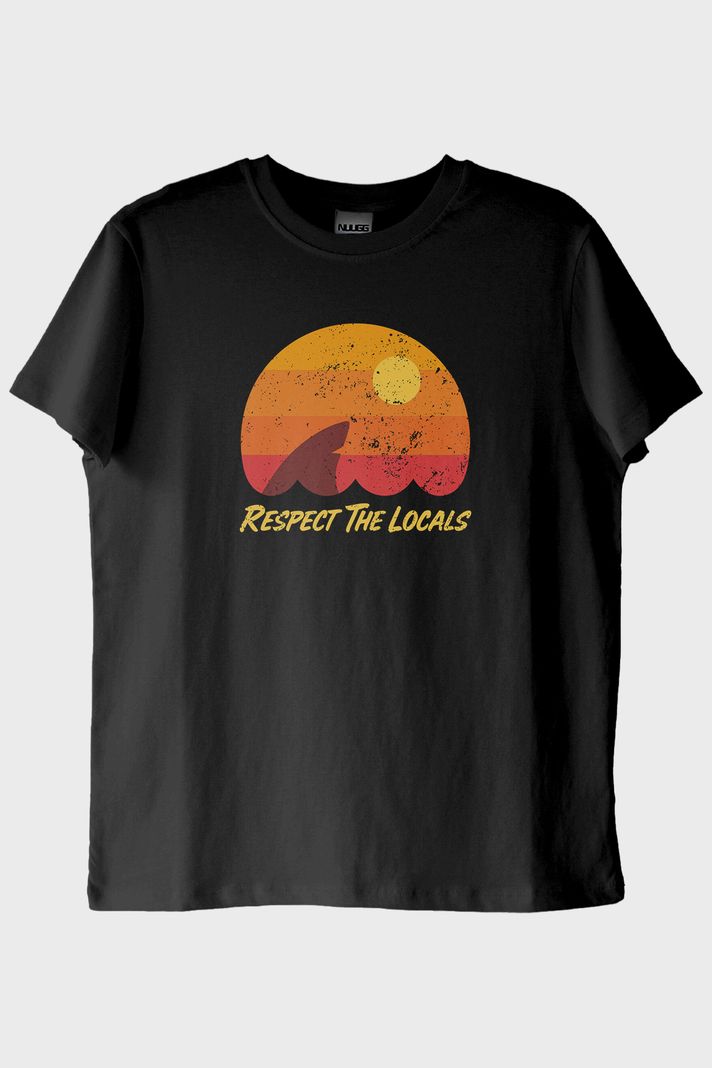 Respect The Locals Köpekbalığı Baskılı Vintage Siyah Tişört ön görsel