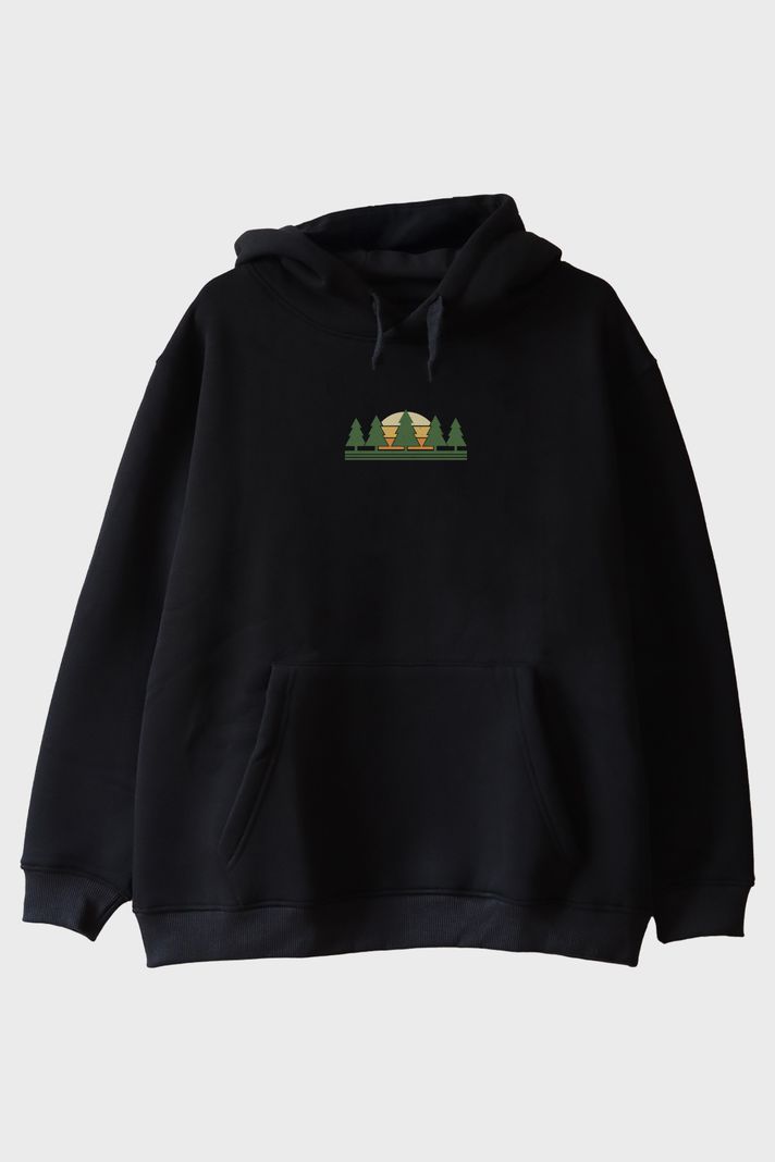 Minimalist Doğa Manzaralı Baskılı Tasarım Siyah Hoodie ön görsel