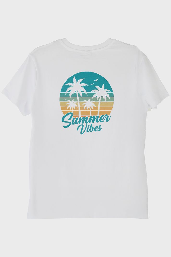Summer Vibes Baskılı Tropik Plaj Tasarımlı Beyaz Tişört arka görsel