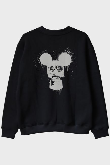 Gaz Maskesi ve Mouse Kulakları Tasarımlı Siyah Siyah Bisiklet Yaka Sweatshirt