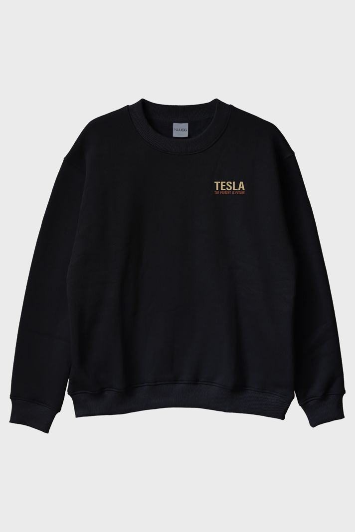 Tesla Slogan Siyah Bisiklet Yaka Sweatshirt ön görsel