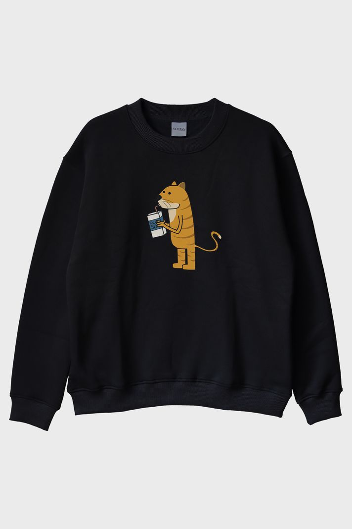 Düz Sütlü Kedi Siyah Bisiklet Yaka Sweatshirt ön görsel