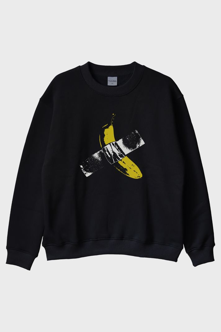 Taped Banana Baskılı Eğlenceli Muz Tasarımlı Siyah Bisiklet Yaka Sweatshirt ön görsel
