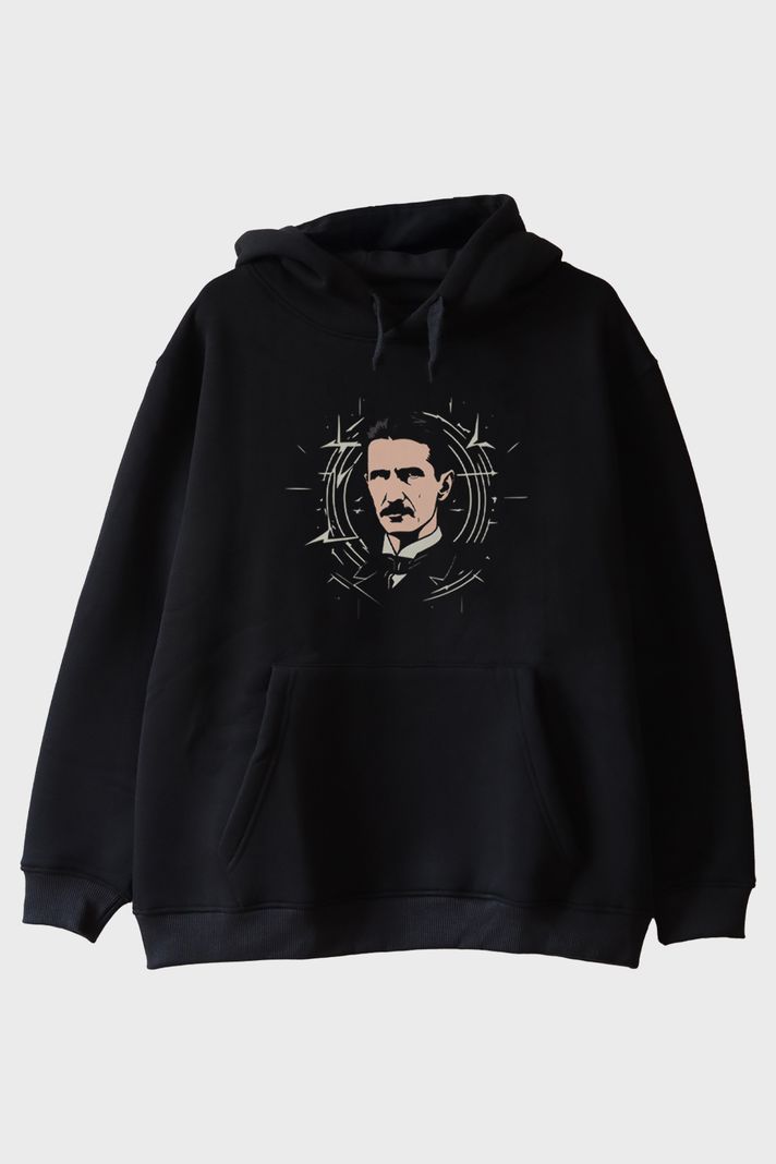 Nikola Tesla İllüstrasyon Baskılı Tasarım Siyah Hoodie ön görsel