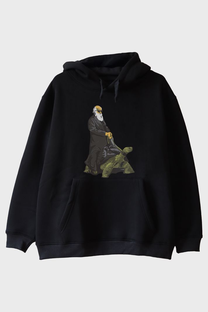 Kaplumbağa Darvin Baskılı Bilimsel Siyah Hoodie ön görsel