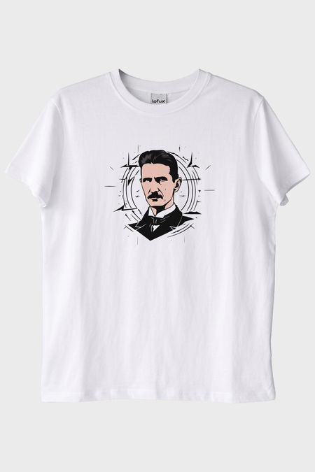 Nikola Tesla İllüstrasyon Baskılı Tasarım Beyaz Tişört