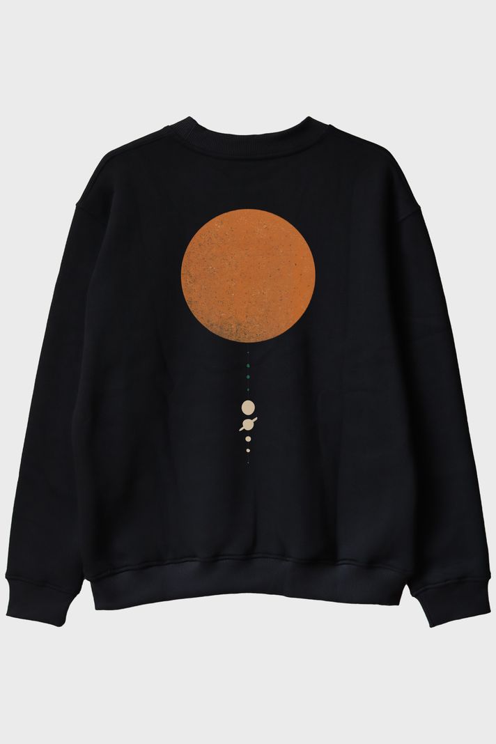 Minimalist Güneş Sistemi Tasarımlı Bilim Siyah Bisiklet Yaka Sweatshirtü arka görsel