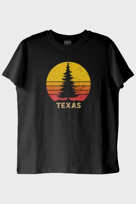 TEXAS Doğa Temalı Gün Batımı Tasarımlı Siyah Tişört