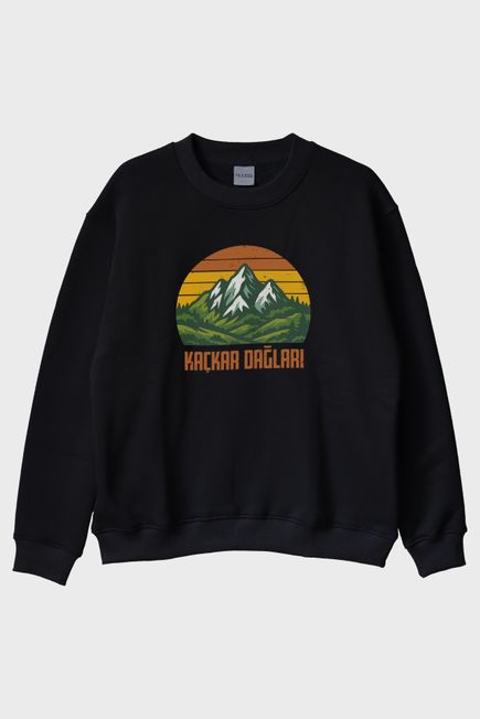KAÇKAR DAĞLARI Retro Doğa Baskılı Siyah Bisiklet Yaka Sweatshirt