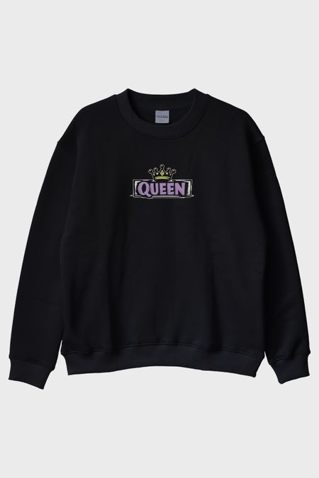 Queen Taç Siyah Bisiklet Yaka Sweatshirt