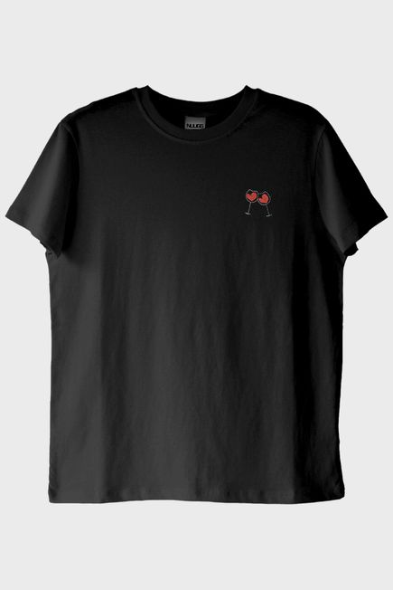 Kalpli Kadeh Desenli Nakış Siyah T-Shirt - Sevgililer Günü Çift Tişörtleri
