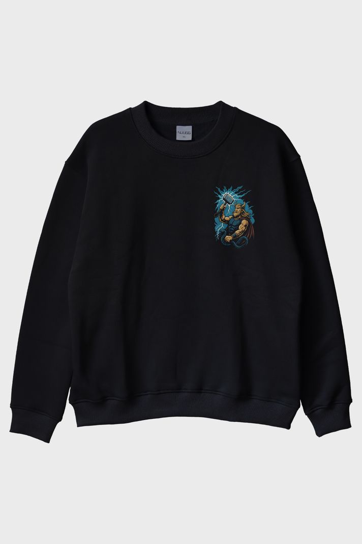 THOR Figürü Baskılı Siyah Bisiklet Yaka Sweatshirt ön görsel