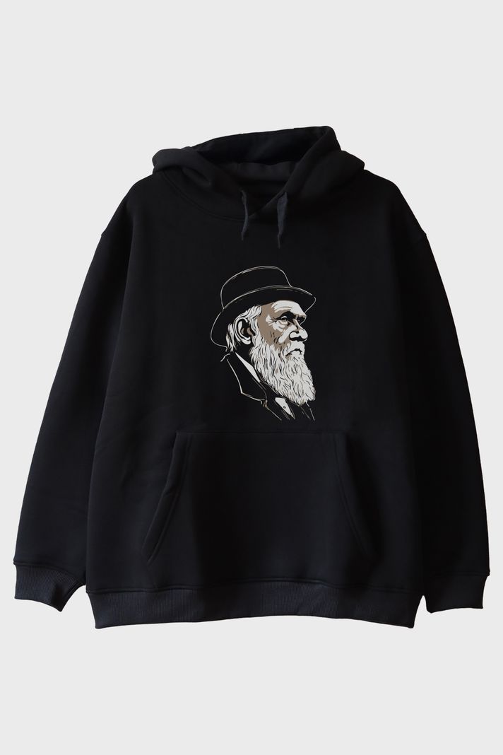 Darvin Portre Baskılı Tasarım Siyah Hoodie ön görsel