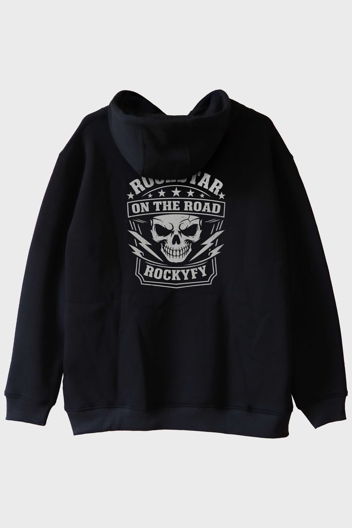 Rockstar On The Road Kafatası Baskılı Siyah Hoodie arka görsel